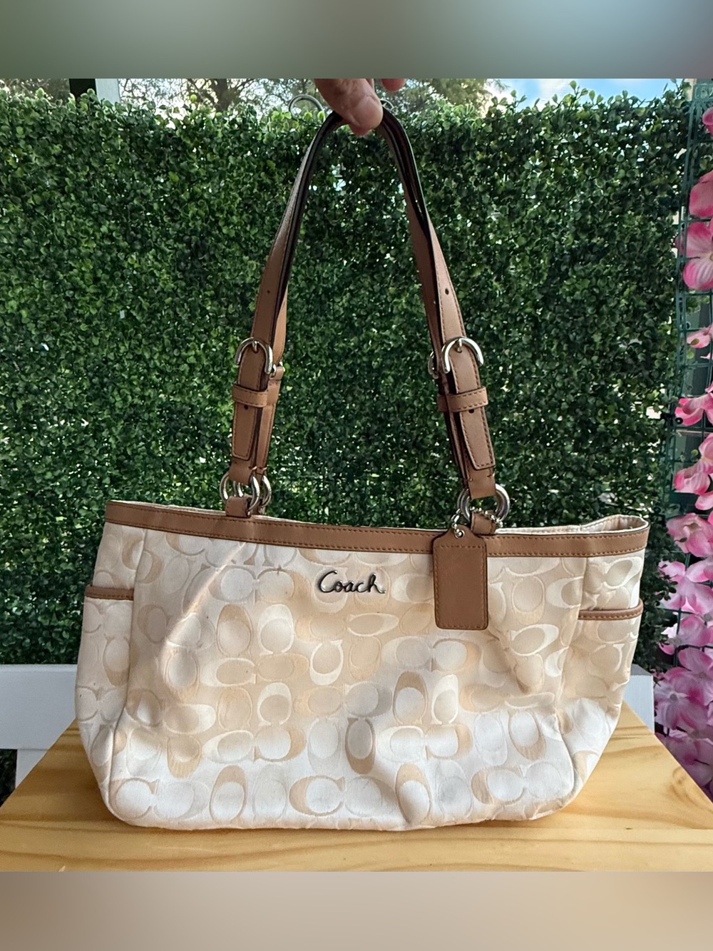 Coach F17676 Signature C Jacquard Ivory Tan Leather Tote Shoulder Bag